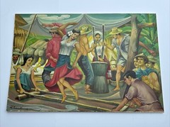 LARGE FILIPINO PAINTING FAMILY FARMING CULTURE 24 BY 36 INCHES MYSTERY SIGNED