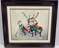 J. Roybal Signed Five Lacrosse Players Painting on Canvas Framed 27″ x 23″