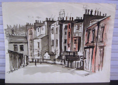 Mid 20th Century Expressionist Cityscape Painting Watercolor and Ink