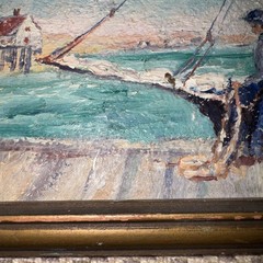 Antique Oil on Board Painting – New England Maritime Shore Fisherman on Dock