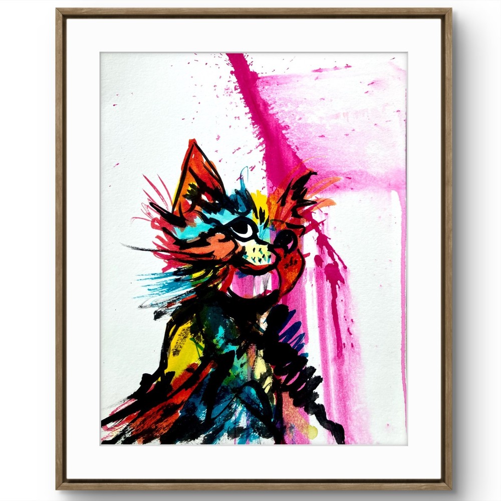 TITA PAINTZ Colorful Kitty Abstract Expressionist Portrait Hand Painted Wall Art