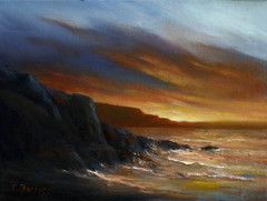 Fire in the Sky 6×8 original oil painting by Celene Farris. Maine Coast nocturne