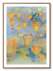 Abstract Lanterns Impressionistic Original Wall Art 14X11 Mixed Media Paper