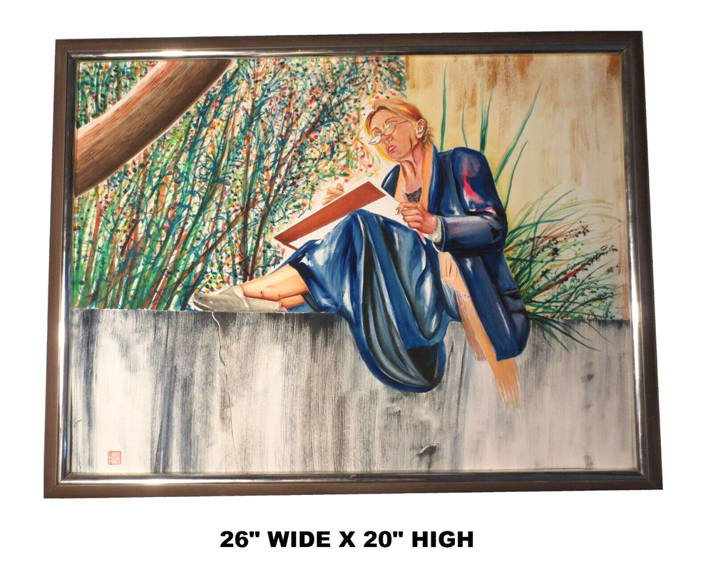 LOW PRICE! LARGE 26″X20″ ORIG PAINTING „WOMAN SITTING ON WALL“ w CHINA RED STAMP