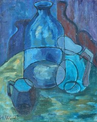 Expressionist Still Life in Blue Vessels Bottle Pitcher Cup Oil Painting 1972
