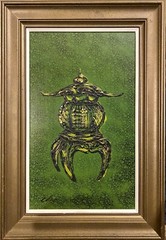 Signed 1950s Mid Century Framed Drip Art Painting Asian Vessel 25”x16.9”