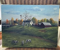 Vtg Original Oil Painting “Suttons Farm” Barn Landscape Cows Unframed Lis Behnke