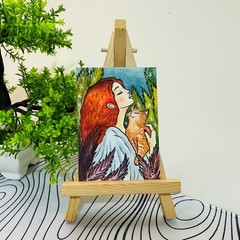 Redhead Woman Cat ACEO Original Watercolor Painting Portraiture Style Floral Art