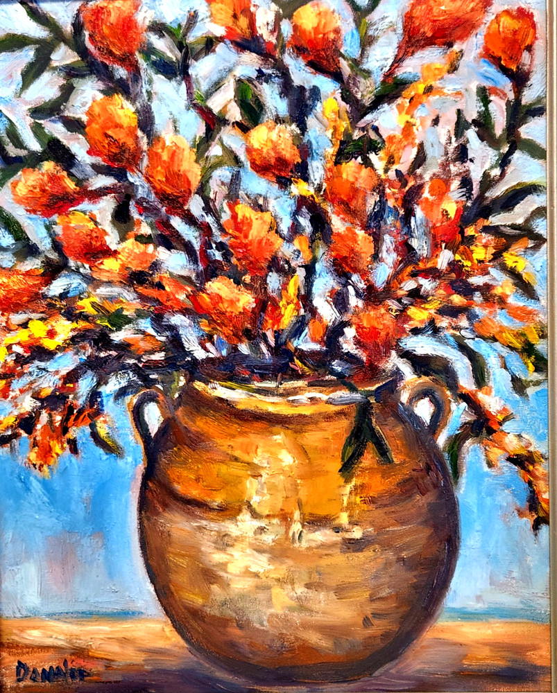 Oil Painting Vase of Flowe Olive Jar Floral Still Life Impressionistic Original
