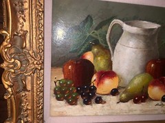VTG Signed Arostegui Apples Still Life Pitcher Canvas Frame 19 3/8”T 23”W 2.75”D