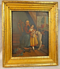 Antique Original German Oil Painting on Tin „The Knitting Lesson“ mid-1800’s