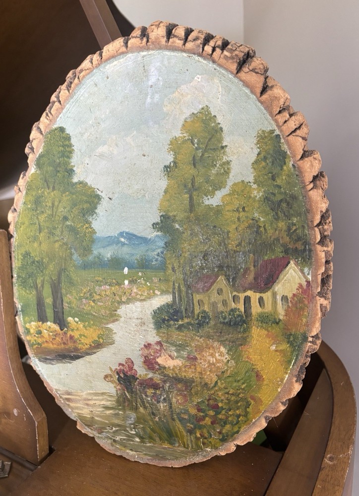 Antique Oval Oil Paining on Tree Panel Lake Mountain Home Flowers Trees 14”x11”