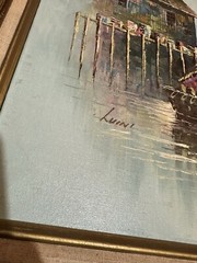 Vintage Original Oil On Canvas Signed Luini Fishing Boats At The Docks Framed