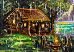 ACEO Original CABIN Summer Rain House Tree PAINTING Storm Nature Landscape ART