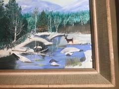 Vintage L.W Folk Art „Deer In Winter Landscape“ Oil Painting – Signed/Framed