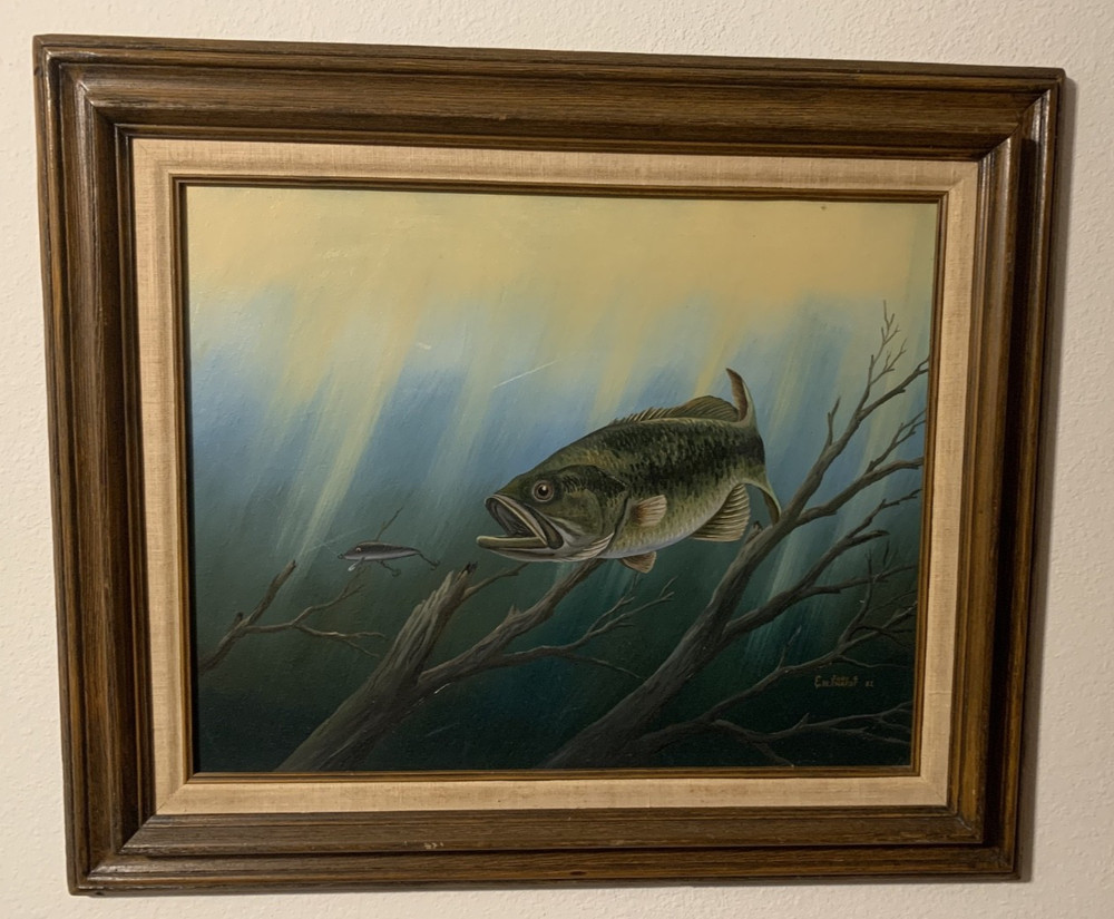 John S. Eberhardt Oil Painting Large Mouth Bass from 1982, Signed by the Artist
