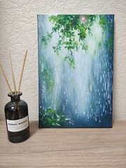 Minimalist Oil Painting on Canvas Rainy Nature Wall Art Green Leaves Modern