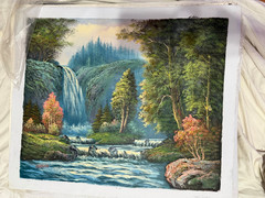Vintage Mountain Waterfall Forest Landscape Oil Painting Signed Nature Art