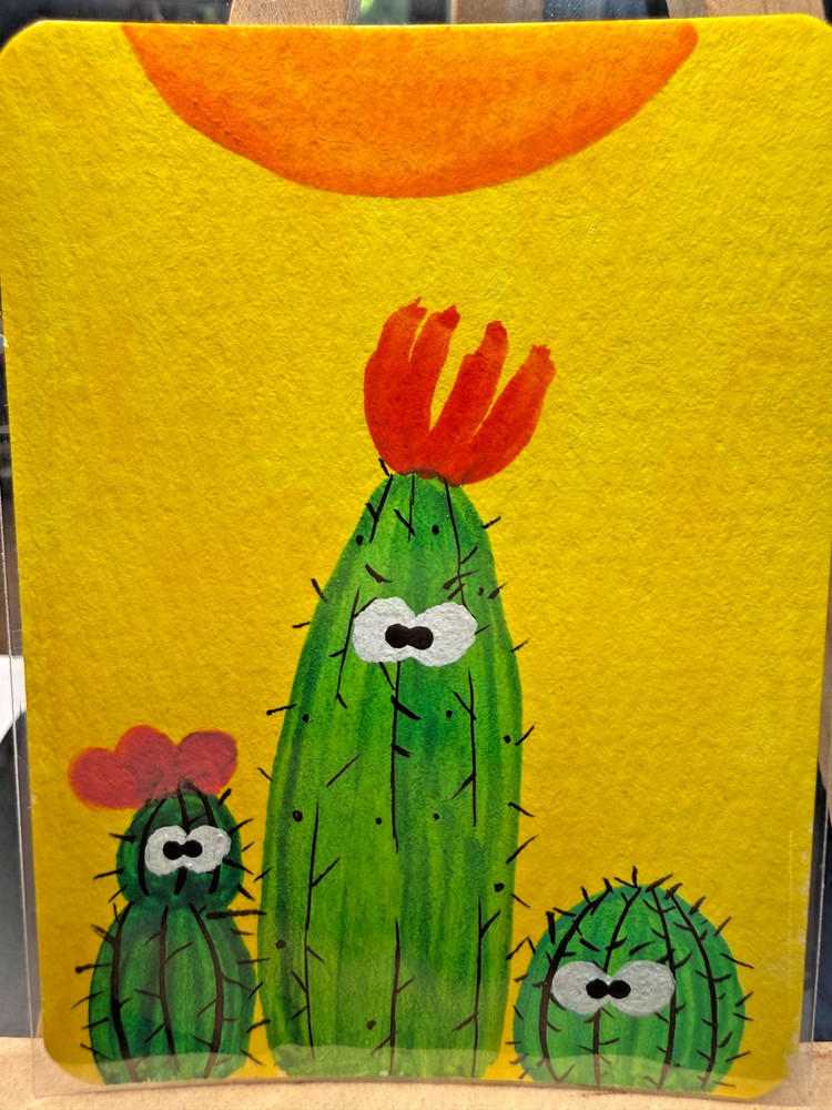ACEO Original OOAK Signed (Not a Print) „Cacti“ Funny Cactus friends with Eyes