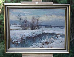 Oil on Cardboard Signed Zdenek Nemastil Winter Landscape River Snow Framed