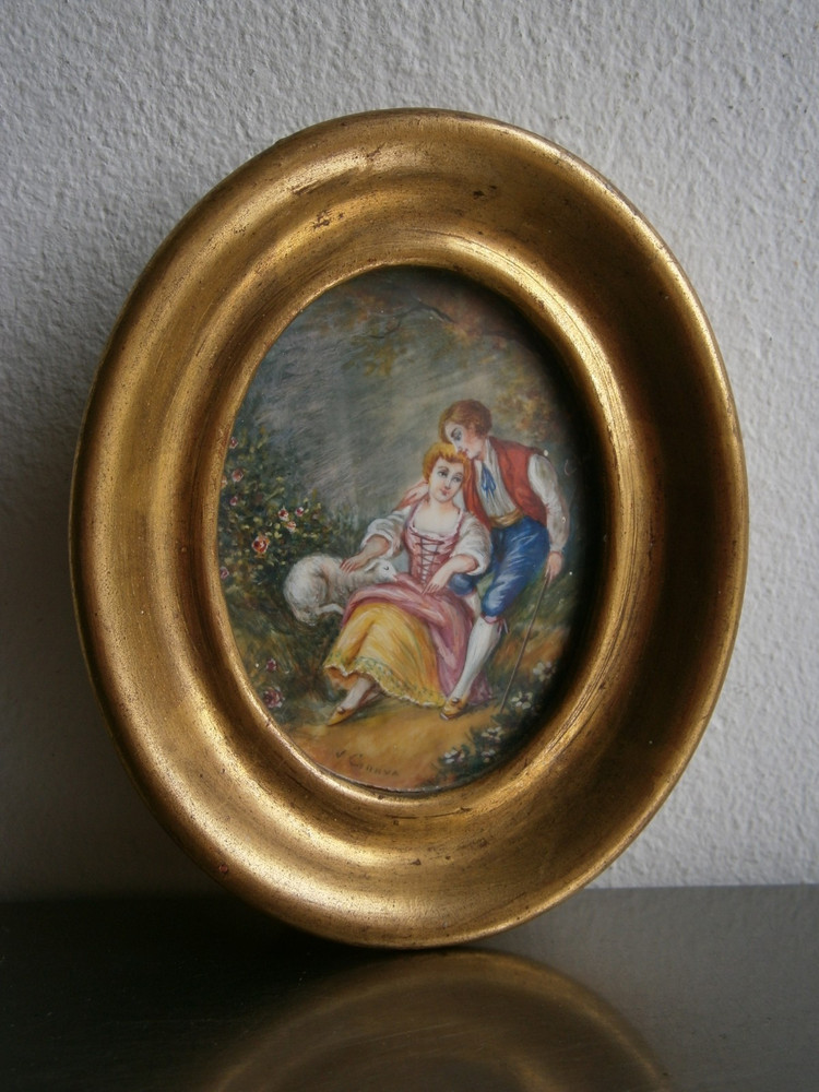 Miniature Painting 18th Century Gilded Wood Decor Boucher Gallant Scenes No. 2