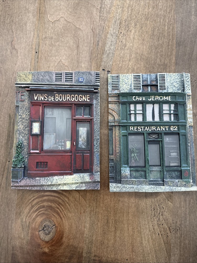 Art Plaques of French Restaurant and Wine Shop by Chiu Tak Hak, Pair 4.5″ x 6.5