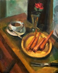 Carrots with Rose and Tea 20×16 in. oil on stretched canvas