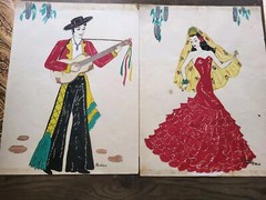 Pair Latin American watercolor drawings 1940s flamenco dancer sombrero Guitar JT