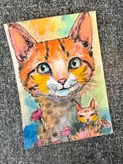 Original Cat & Kitten ACEO Watercolor Painting OOAK Feline Art Miniature