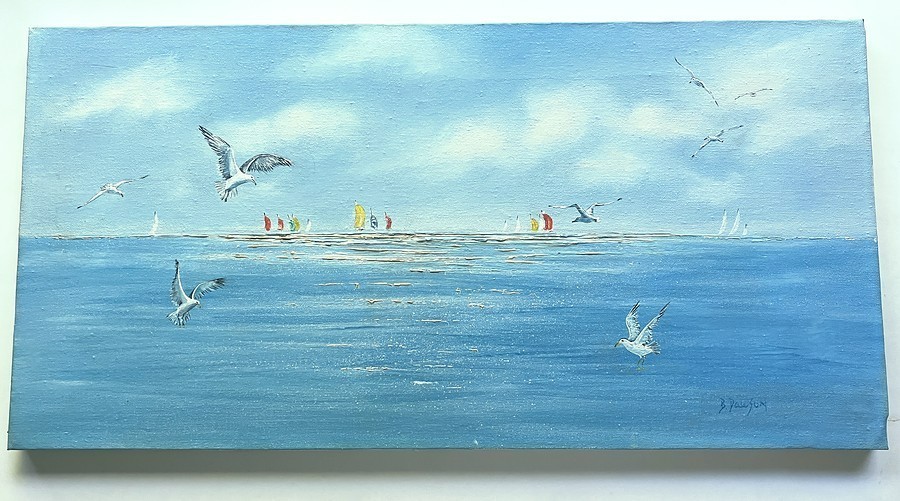 Seascape Sailboats & Seagulls Painting Signed 24×12 Unframed Unknown Artist