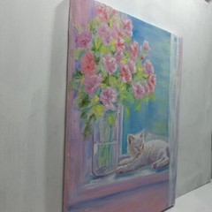 Cat Flowers Original Oil Hand Painted Signed Wall Art Decor Gift Ukraine Artist