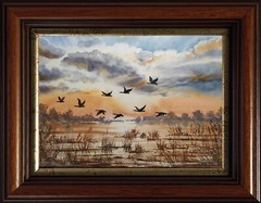 DUCKS FLY CLOUDY SKY Original Art Painting Landscape GEESE FLY Bob Ross Style A4