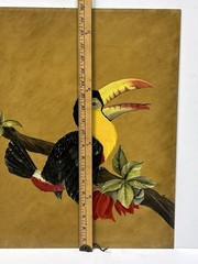 Original Oil Painting Exotic Jungle Toucan Bird On Tree Flowers Branch Signed