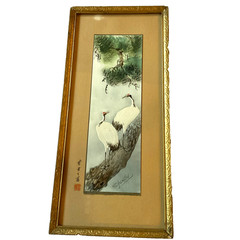 original watercolor PAINTING red crested crane birds Japanese kakejiku signed