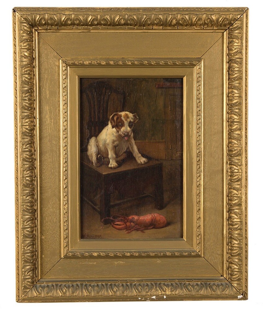 Antique WILLIAM FITZ Dog and Lobster 1895 Oil Painting On Wood Board Gold Frame