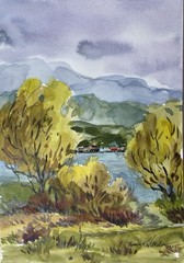Original Pamela Wilhelm 5×7” Watercolor Cloudy Day On The Bay Shoreline Village