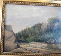 Antique Hudson River School Style Landscape Painting of Canal River Canalboat