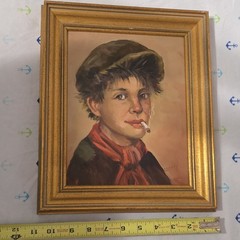Vintage Belgian Oil Painting „Boy with Cigarette“ Signed Lambry