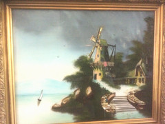 Antique Reverse Painted Glass Windmill Waterfront Mother Of Pearl 25″X22″Framed
