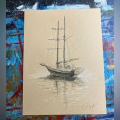 Ship Painting Original Schooner seascape charcoal pastel Art nautical Artettina