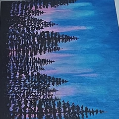 Contemporary Nature Landscape Painting Pine Forest Silhouette Blue Purple Sky