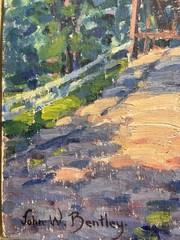 JOHN BENTLEY NY STONY FORD ANTIQUE IMPRESSIONIST BRIDGE LANDSCAPE OIL PAINTING
