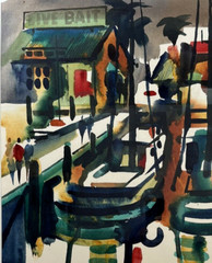 NOEL QUINN MODERNIST ABSTRACT HARBOR COASTLINE CALIFORNIA WATERCOLOR PAINTING