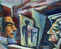 Vtg MCM Religious Oil Painting Abstract Expressionist Mid Century Modern Cross