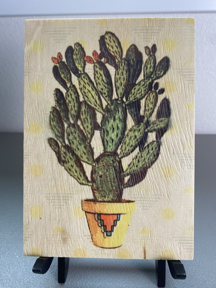 Southwestern Art Easy Street Prints Ink + Acrylic Cactus In Pot On Wood 5”x7”