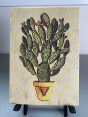 Southwestern Art Easy Street Prints Ink + Acrylic Cactus In Pot On Wood 5”x7”