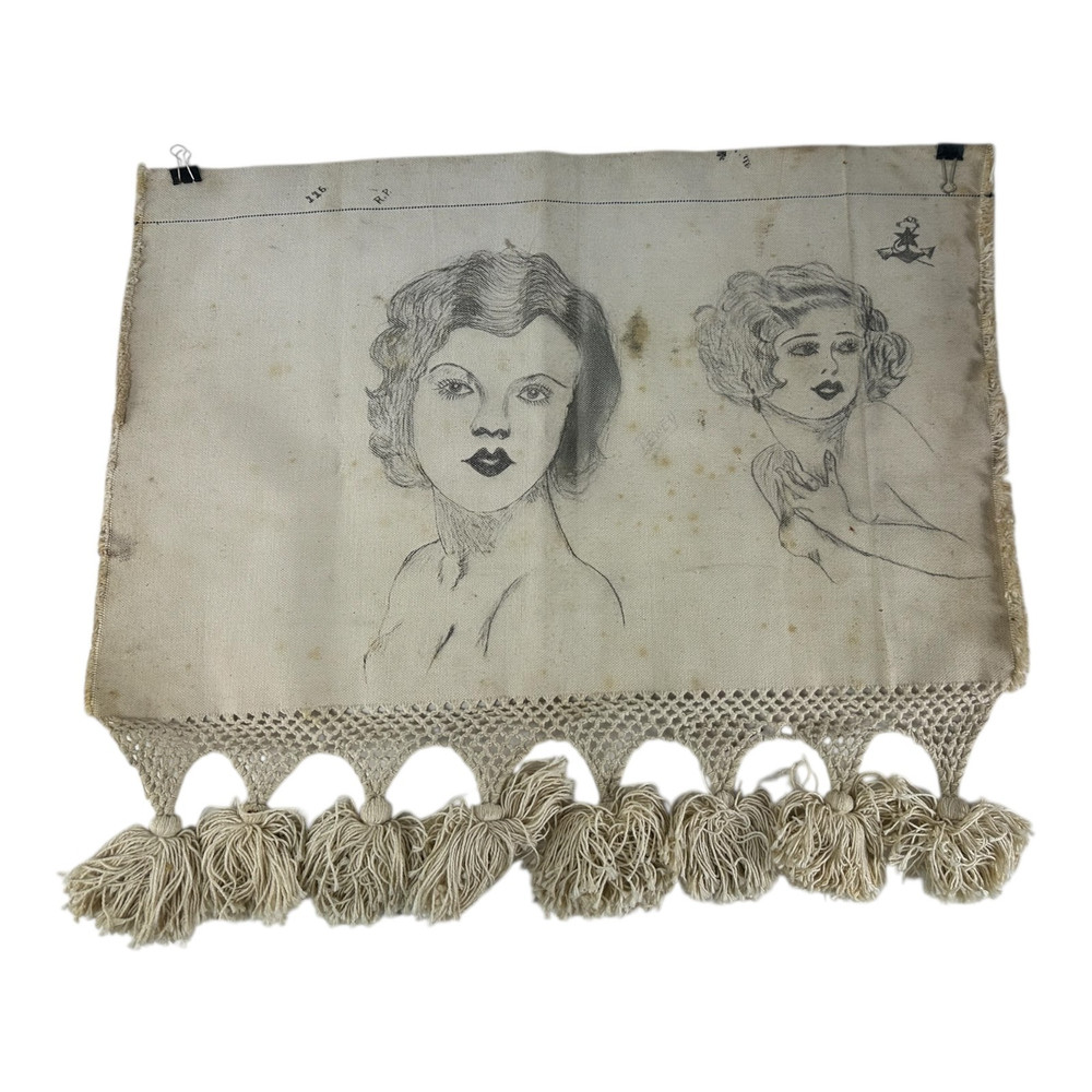 VTG WWII Pinup Girl Art on Canvas Tapestry Wallhanger c. 1940’s Glamour Fashion