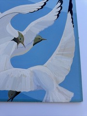 MID CENTURY PAINTING BIRDS MODERNISM CUBISM SIGNED GORDON VINTAGE ILLUSTRATION