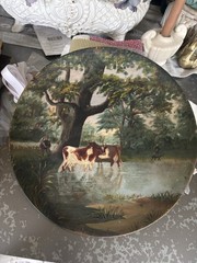 Hand Painted Wood Collector Plate Round Multicolor Cows Landscape Scene