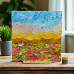 Original Oil Painting Tuscany Wildflowers Red Roofs Handmade Impasto Wall Art
